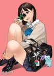  1girl :d artist_name bag bag_charm black_bag black_hair black_shoes blue_bow blue_bowtie bow bowtie brown_eyes camera cellphone charm_(object) collared_shirt copyright_notice disposable_camera eshi_100_nin_ten full_body holding holding_camera medium_hair original phone pink_background shirt shoes smartphone smile solo tamagotchi_(virtual_pet) teeth tongue translation_request unworn_wristwatch virtual_pet_(toy) white_shirt yomu_(sgt_epper) zipper_pull_tab 