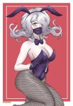  afimaki alternate_costume artist_name bare_shoulders blush border bow bowtie breasts cleavage commentary covered_mouth danganronpa_(series) danganronpa_3_(anime) detached_collar english_commentary eyelashes eyeshadow fake_tail fishnet_pantyhose fishnets gloves hair_over_one_eye hairband highres kimura_seiko leotard long_hair makeup mask mouth_mask pale_skin pantyhose playboy_bunny purple_bow purple_bowtie purple_eyes purple_eyeshadow purple_gloves purple_hair purple_hairband purple_leotard purple_mask rabbit_tail red_background simple_background strapless strapless_leotard tail white_border 