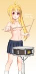  1girl ahoge blonde_hair blue_skirt blush bocchi_the_rock! breasts cg_pen commentary_request convenient_censoring cowboy_shot dated drum drumsticks gradient_background grin holding holding_drumsticks ijichi_nijika instrument long_hair red_eyes side_ponytail sidelocks signature simple_background skirt smile snare_drum solo teeth topless_female 
