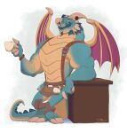 2019 3_toes 4_fingers activision anthro apron beard biceps blue_body blue_hair blue_scales bracelet claws clothing container crossed_legs cup dragon elbow_on_table facial_hair facial_piercing feet fingers footwear furgonomic_piercing furgonomics gauged_horn gavin_(spyro) grin hair holding_container holding_cup holding_mug holding_object horn horn_piercing jewelry looking_at_viewer male manly mature_anthro mature_male mug muscular muscular_anthro muscular_arms muscular_male mythological_creature mythological_scalie mythology nose_piercing nose_ring piercing reptile rescued_dragons_(spyro) ring_piercing scales scalie simple_background smile smiling_at_viewer solo spiked_tail spikes spikes_(anatomy) spyro_reignited_trilogy spyro_the_dragon tail tattoo teaselbone toeless_footwear toes ventral_scales white_background wing_claws wings