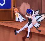  absurdres airy_(bravely_default) alcohol alternate_costume animal_ears bare_shoulders beer black_leotard black_shoes blush bottle_cap bravely_default:_flying_fairy bravely_default_(series) breasts cleavage closed_eyes clothing_cutout commentary covered_groin drinking drunk english_commentary fairy fairy_wings fake_animal_ears gallica_(metaphor:_refantazio) high_heels highres kneeling leotard metaphor:_refantazio mini_person minigirl navel_cutout obsidianwasp open_mouth orange_hair pantyhose playboy_bunny shadow shoe_dangle shoes sitting small_breasts toe_cleavage white_hair white_pantyhose wings yellow_leotard 