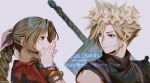  1boy 1girl absurdres aerith_gainsborough armor black_shirt blonde_hair blue_eyes blush bracelet braid braided_ponytail brown_hair buster_sword cloud_strife commentary covering_own_mouth earrings english_commentary final_fantasy final_fantasy_vii final_fantasy_vii_remake flower gold_bangle green_eyes grey_background hair_between_eyes hair_ribbon head_wreath hetero highres ink_(inkypyon) jacket jewelry lily_(flower) long_hair multiple_bracelets parted_bangs parted_lips pauldrons pink_ribbon red_jacket ribbed_shirt ribbon shirt short_hair shoulder_armor sidelocks silver_bangle single_bare_shoulder single_braid single_earring single_pauldron sleeveless sleeveless_turtleneck spiked_hair suspenders sweat sword sword_on_back turtleneck twitter_username upper_body weapon weapon_on_back yellow_flower 