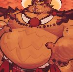2026 4_fingers activision anthro belly big_belly bodily_fluids boneranonymouse bottomwear claws clothing dragon facial_spikes fingers hand_on_belly hi_res horn jewelry loincloth looking_down magnus_(spyro) male motion_lines muscular muscular_arms muscular_male mythological_creature mythological_scalie mythology narrowed_eyes necklace one_eye_closed orange_background orange_body orange_scales overweight overweight_anthro overweight_male reptile rescued_dragons_(spyro) saliva scales scalie simple_background smile solo spikes spikes_(anatomy) spyro_reignited_trilogy spyro_the_dragon tongue tongue_out