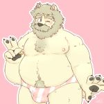  1:1 2019 anthro belly blush bulge clothing felid hi_res lion male mammal moobs nipples one_eye_closed overweight overweight_male pantherine pink_background simple_background solo taki_takoyakis underwear wink 