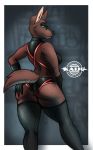  2019 anthro big_butt butt canid canine canis clothing digital_media_(artwork) domestic_dog eyewear female fur glasses hi_res mammal simple_background smile smolkaiju solo thick_thighs 