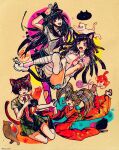  4girls animal_ears apron bandaged_leg bandages black_hair black_skirt blonde_hair blue_hair blue_streaks blush bow camera cat cat_ears cat_girl cat_tail cat_teaser collared_shirt commentary_request danganronpa_(series) danganronpa_2:_goodbye_despair dress floral_print floral_print_kimono freckles green_bow green_dress green_eyes green_sash hair_bow hair_horns highres holding holding_camera holding_hands japanese_clothes kemonomimi_mode kimono koizumi_mahiru long_hair long_sleeves lying mioda_ibuki mole mole_under_eye multicolored_hair multiple_girls neckerchief necktie obi on_stomach one_eye_closed open_mouth orange_eyes orange_kimono pet_food pinafore_dress pink_eyes pink_hair pink_neckerchief pink_shirt pink_socks pink_streaks print_kimono purple_eyes purple_hair red_hair red_necktie saionji_hiyoko sash school_uniform serafuku shirt shoes short_hair short_sleeves skirt sleeveless sleeveless_dress smile socks streaked_hair sweat sweatdrop tail tearing_up teeth tsumiki_mikan twintails twitter_username unikanioekaki upper_teeth_only wavy_mouth white_apron white_shirt white_shoes white_skirt yarn yarn_ball yellow_background 