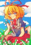  1girl back_bow blonde_hair blue_eyes blue_sky blush bow bowtie closed_mouth cloud commentary_request day flower grass hair_between_eyes hair_ribbon holding holding_flower lily_of_the_valley looking_at_viewer medicine_melancholy medium_hair nekodaisuki3737 outdoors puffy_short_sleeves puffy_sleeves red_bow red_bowtie red_ribbon red_skirt ribbon ribbon-trimmed_shirt ribbon_trim shirt short_sleeves skirt sky smile solo touhou twitter_username white_bow 