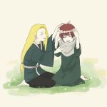  2boys asymmetrical_bangs barefoot black_pants blonde_hair blush child commentary_request deidara_(naruto) fishnet_top fishnets flower green_kimono happy head_wreath highres implied_yaoi japanese_clothes kimono laughing low_ponytail male_focus multiple_boys naruto_(series) naruto_shippuuden open_mouth pants partial_commentary ponytail red_hair robe sasori_(naruto) scarf short_hair situ17 