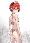  1girl ahoge alternate_costume ass back bikini breasts closed_mouth commentary cowboy_shot eris_greyrat from_behind gold_bikini hairband halterneck highres koraneko light_blush looking_at_viewer looking_back median_furrow medium_breasts mushoku_tensei red_eyes red_hair short_hair shoulder_blades side-tie_bikini_bottom solo string_bikini swimsuit thong thong_bikini wheat_field 
