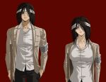  1boy 1girl armband bandage_over_one_eye bandaged_head bandages beard_stubble black_hair black_pants breasts character_and_genderswap closed_mouth collared_shirt commentary_request cowboy_shot crutch dual_persona eren_yeager facial_hair genderswap genderswap_(mtf) grey_armband grey_eyes hair_between_eyes holding_crutch jacket korean_commentary large_breasts medium_hair military_jacket pants red_background ripongazx shingeki_no_kyojin shirt stubble white_shirt 