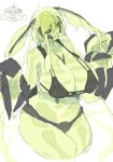  1girl absurdres antennae arthropod_girl bikini black_bikini black_sclera breasts colored_sclera colored_skin green_eyes green_hair green_skin highres huge_breasts indie_virtual_youtuber juniper_actias looking_at_viewer monster_girl moth_antennae moth_girl shrugzilla slime_girl solo swimsuit thighs virtual_youtuber 