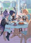  4girls 5boys adoptive_siblings aether_(genshin_impact) ahoge animal_ear_fluff animal_ears arm_guards armor artist_name bare_shoulders beret black_boots black_bow black_bridal_gauntlets black_cape black_corset black_dress black_hair black_hat black_jacket black_pantyhose black_sandals black_scarf black_shorts black_sleeves black_socks black_tank_top blonde_hair blue_bow blue_bowtie blue_cape blue_eyes blue_hair blunt_bangs blunt_ends blush boots bow bowl bowtie braid bridal_gauntlets bright_pupils brother_and_sister brothers brown_boots brown_bow brown_bowtie brown_eyes brown_gloves brown_hair brown_pants brown_shirt cape cat_ears cat_girl cat_hat_ornament cat_tail chair closed_eyes closed_mouth collared_shirt columbina_(genshin_impact) commentary_request corset cup day detached_collar detached_sleeves diamond-shaped_pupils diamond_(shape) door dragon_boy dragon_horns dragon_tail dragon_wings dress durin_(genshin_impact) earrings eating eye_mask eyeshadow feathered_wings fingernails food freminet_(genshin_impact) frilled_hairband frills from_side garter_belt genshin_impact gloves gold_necklace gold_ring gradient_hair hair_between_eyes hair_bow hair_bun hair_ornament hair_over_one_eye hairband halo hand_on_own_face hand_up hands_up hat hat_ornament head_wings highres holding holding_cup holding_plate horns jacket jewelry large_bow leg_warmers long_hair long_sleeves looking_at_another low-braided_long_hair low-tied_long_hair lynette_(genshin_impact) lyney_(genshin_impact) makeup mask mechanical_halo medium_hair midriff mikan_(akasa051) missing_headwear multicolored_hair multiple_boys multiple_girls multiple_wings necklace off-shoulder_dress off_shoulder on_chair open_clothes open_mouth open_shirt outdoors paimon_(genshin_impact) pants pantyhose pastry pers_(genshin_impact) pink_bow pink_bowtie pink_eyes pink_halo plate purple_eyes purple_hair red_eyeshadow red_hairband romper rope sandals sandrone_(genshin_impact) scaramouche_(genshin_impact) scarf shadow shirt short_dress short_hair short_hair_with_long_locks short_sleeves shorts shoulder_armor siblings side_braid sidelocks single_braid single_earring single_thighhigh sitting sleeveless sleeveless_dress smile socks spoon star_(symbol) star_hair_ornament striped_bow striped_bowtie striped_clothes sweatdrop symbol-shaped_pupils table tail tank_top tea teacup teeth thigh_strap thighhighs toenails tongue top_hat twins two-tone_hair umbrella v-shaped_eyebrows very_long_hair wanderer_(genshin_impact) watermark wavy_hair white_dress white_gloves white_hair white_leg_warmers white_mask white_pants white_pupils white_romper white_scarf white_shirt white_thighhighs wide_sleeves wings x_hair_ornament 
