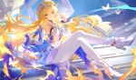  1girl absurdres bare_shoulders blonde_hair blue_eyes book bow breasts bug butterfly closed_mouth commentary_request crossed_legs cup dafu_zhentan detached_sleeves dress floating floating_object full_body genshin_impact high_heels highres long_hair long_sleeves looking_at_viewer nicole_(genshin_impact) pantyhose picture_frame plate saucer sitting smile solo tea teacup very_long_hair white_dress white_pantyhose 