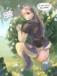 anthro bared_teeth barefoot biped bodily_fluids clothed clothing crouching day dialogue diaper digitigtade english_text feet fur genital_fluids grass grzzly hair hi_res hiding lagomorph leaking_diaper leaking_urine leporid long_ears looking_back male mammal nub_tail onomatopoeia outside pantsless peeing plant rabbit rexxypawz shirt shrub signature solo sound_effects speech_bubble stained_diaper t-shirt teeth text thinking thought_bubble topwear tree unclean_diaper urine urine_drip urine_on_ground urine_pool urine_stain used_diaper using_diaper wearing_diaper wet_diaper wetting wetting_diaper