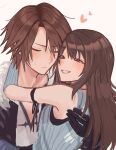  1boy 1girl ao_ringo_(yakirinngo_ha) arm_around_neck arm_ribbon bare_shoulders black_gloves black_jacket black_ribbon blue_cardigan blush breasts brown_eyes brown_hair cardigan closed_eyes commentary_request couple final_fantasy final_fantasy_viii fur-trimmed_jacket fur_trim gloves hair_between_eyes hetero highres jacket long_hair medium_breasts parted_bangs parted_lips ribbed_cardigan ribbon rinoa_heartilly scar scar_on_face scar_on_forehead short_hair smile squall_leonhart sweatdrop teeth upper_body white_background 