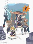  ! 1girl 2boys absurdres arlecchino_(genshin_impact) arm_at_side armor arrow_(symbol) bench beret black_bodysuit black_hair black_hat black_jacket black_kimono black_pants black_sandals black_shorts black_sleeves blunt_bangs blunt_ends bodysuit buttons c4 coat commentary crossed_legs double-breasted english_commentary explosive faceless faceless_female faceless_male facing_another freminet_(genshin_impact) frilled_sleeves frills full_body genshin_impact gold grey_sleeves grey_veil hand_up hat highres holding holding_paper jacket japanese_armor japanese_clothes jewelry jingasa juban kimono kote kurokote long_hair low-tied_long_hair mandarin_collar mid-stride mitsudomoe_(shape) multicolored_hair multiple_boys neck_ring o-ring pants paper park_bench purple_sash purple_sleeves red_hair red_hat red_kimono sailor_collar sandals sash scaramouche_(genshin_impact) scarastar seiza short_sleeves shorts simple_background single_sode sitting spoken_exclamation_mark streaked_hair suit_pants swept_bangs toeless_legwear toes tomoe_(symbol) twitter_username veil watercolor_effect white_coat white_hair white_kimono white_sailor_collar zouri 