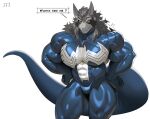 2026 absurd_res anthro black_latex bodysuit clothed clothed_anthro clothed_male clothing cxcxxcxxxx dialogue dragon english_text fur furred_dragon furred_scalie grey_body grey_fur grey_hair hair hi_res latex latex_bodysuit latex_clothing latex_skinsuit male marvel moobs multicolored_bodysuit multicolored_clothing multicolored_skinsuit muscular muscular_anthro muscular_male mythological_creature mythological_scalie mythology orange_eyes scalie simple_background skinsuit solo speech_bubble tail text thick_thighs tight_clothing two_tone_bodysuit two_tone_clothing two_tone_skinsuit venom_(marvel) white_background white_latex yellow_sclera
