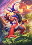  claws cloud cloudy_sky colored_sclera commentary english_commentary fern full_body grass koraidon lava legs_apart nurikabe_(mictlan-tecuhtli) official_art open_mouth orange_eyes outdoors palm_tree pokemon pokemon_(creature) pokemon_focus pokemon_tcg pokemon_tcg_pocket sky smoke solo standing third-party_source thumbnail_collage tree volcano yellow_sclera 