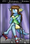2004 abstract_background anthro blue_body blue_scales brown_hair chair clothed clothing crossdressing drag_queen dress ear_piercing fake_breasts footwear furniture generation_1_pokemon hair heelpop high_heels long_hair loose_footwear male nidoqueen nintendo piercing pokemon pokemon_(species) pokemorph scales shoe_dangle shoes sitting solo text url wardrobe_malfunction zarla