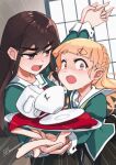  2girls black_hair black_skirt blonde_hair braid buttoned_cuffs buttons commentary commentary_request cup day emphasis_lines green_shirt highres holding holding_hands holding_plate indoors interlocked_fingers juliet_sleeves kettle liebe_girls_academy_school_uniform long_hair long_sleeves looking_at_another looking_at_viewer multiple_girls neckerchief open_mouth plate puffy_sleeves red_neckerchief school_uniform shiraki_hime shirt skirt teacup tearing_up thick_eyebrows twitter_username wakuwakupowerup watashi_no_yuri_wa_oshigoto_desu! window yano_mitsuki_(watayuri) yellow_neckerchief yuri 