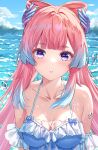  1girl alternate_costume bare_shoulders bikini black_hair blue_bikini blue_hair blue_sky blunt_bangs blush bow-shaped_hair breasts cleavage cloud collarbone colored_tips commentary_request day frilled_bikini frills genshin_impact gradient_hair hair_ornament halterneck highres hill hongchabing long_hair looking_at_viewer medium_breasts miyoushe_watermark multicolored_hair ocean outdoors parted_lips pink_hair purple_eyes sangonomiya_kokomi sky solo swimsuit upper_body water water_drop watermark wet 
