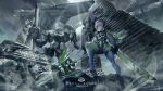  1girl absurdres aircraft blender_(medium) bodysuit breasts dual_wielding green_eyes grey_hair hair_between_eyes hat highres holding holding_polearm holding_sword holding_weapon impossible_bodysuit impossible_clothes mecha medium_breasts original polearm robot ruins short_hair solo sword weapon yoshimoto_(dear_life) 