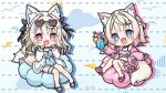  2girls :d animal_ear_fluff animal_ears bandaid bandaid_on_leg bendy_straw bikini bikini_under_clothes blue-tinted_eyewear blue_eyes blue_hair blue_one-piece_swimsuit blue_sandals braid brown-tinted_eyewear brown_hair chibi commentary cup dog_ears dog_girl drink drinking_glass drinking_straw english_commentary eyewear_on_head fang frilled_bikini frilled_one-piece_swimsuit frills fuwawa_abyssgard hair_intakes hair_ornament hairclip hands_up heart heart-shaped_eyewear highres holding holding_cup hololive hololive_english ice ice_cube innertube jacket kadose_ara knees_together_feet_apart long_hair long_sleeves mococo_abyssgard multicolored_hair multiple_girls navel one-piece_swimsuit open_clothes open_jacket paw_pose pink_bikini pink_eyes pink_hair pink_jacket pink_sandals plaid_bikini plaid_clothes plaid_one-piece_swimsuit puffy_long_sleeves puffy_sleeves sandals siblings sisters sleeves_past_wrists smile streaked_hair swim_ring swimsuit swimsuit_under_clothes tinted_eyewear twins virtual_youtuber white_jacket x_hair_ornament 