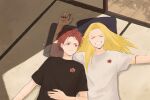  2boys ^_^ alternate_costume asymmetrical_bangs black_nails black_shirt blonde_hair blush brown_eyes closed_eyes commentary_request deidara_(naruto) doll_joints green_nails grin highres implied_yaoi jewelry joints long_hair looking_at_another lying male_focus multiple_boys naruto_(series) naruto_shippuuden on_back pillow red_hair ring sasori_(naruto) shirt short_hair situ17 sliding_doors smile stitched_arm stitches white_shirt 