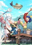  1boy 1girl 1other 5tatsu artist_name bib black_mage_(final_fantasy) blue_coat blue_hair bodysuit boots bow brown_boots brown_gloves bucket chef_hat coat colored_skin commentary_request dock eiko_carol final_fantasy final_fantasy_ix fish fishing fishing_line flat_chest fork full_body gloves hair_bow hat highres holding holding_fork holding_staff horns midair open_mouth outdoors overalls pants pink_bodysuit pink_coat quina_quen red_gloves red_sweater short_hair single_horn sitting smile splashing staff striped_clothes striped_pants sweater tongue tongue_out vivi_ornitier white_gloves white_skin wide-eyed wizard_hat yellow_bow yellow_eyes yellow_overalls 