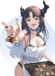  1girl :d absurdres alternate_costume apron asymmetrical_horns baking_sheet bare_shoulders black_hair black_horns black_nails blue_hair breasts chocolate-covered_food cleavage collarbone colored_inner_hair commentary cookie cowboy_shot english_commentary feeding_viewer food highres holding holding_baking_sheet holding_cookie holding_food holding_tray hololive hololive_english horns large_breasts long_hair looking_at_viewer mole mole_under_eye multicolored_hair nearly_naked_apron nerissa_ravencroft nyaanite offering_food open_mouth parted_bangs purple_eyes reaching reaching_towards_viewer smile solo teeth tray two-tone_hair uneven_horns upper_teeth_only virtual_youtuber white_apron white_background 