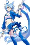  1girl animal_ears blue_boots blue_choker blue_eyes blue_hair blue_jacket blue_skirt blush boots breasts choker commentary_request dixie_cup_hat ear_covers flag hair_between_eyes hat highres holding holding_flag horse_ears horse_girl horse_tail jacket k.s.miracle_(umamusume) long_sleeves looking_at_viewer mg6_chan midriff military_hat navel open_clothes open_jacket open_mouth pacific_racing_team race_queen revision short_hair simple_background skirt small_breasts smile solo sports_bra tail thigh_boots thigh_strap umamusume white_sports_bra wristband 