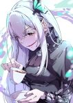  1girl absurdres black_capelet black_dress breasts bug butterfly butterfly_hair_ornament capelet colored_eyelashes commentary cup dress echidna_(re:zero) green_butterfly grin hair_between_eyes hair_ornament hatanana_(ag6uptphhal3frd) highres holding holding_cup holding_saucer long_hair long_sleeves looking_at_viewer medium_breasts open_mouth re:zero_kara_hajimeru_isekai_seikatsu saucer simple_background smile solo striped_clothes striped_dress tea teacup upper_body vertical-striped_clothes vertical-striped_dress white_eyelashes white_hair 
