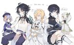  2boys 4girls =_= ahoge aqua_hair arm_cutout arm_tattoo armlet armor arrow_(symbol) asymmetrical_legwear bandaged_arm bandaged_leg bandages bare_shoulders bead_necklace beads behind_another belt bishounen black_belt black_bodysuit black_bow black_bridal_gauntlets black_eyes black_hair black_shorts blonde_hair blood bloomers blunt_ends blush bodysuit bow bridal_gauntlets bright_pupils chinese_clothes clenched_hand clenched_hands closed_mouth clothing_cutout coin_hair_ornament colored_inner_hair colored_tips commentary_request cotton_swab covered_collarbone cranberry11_207 cross-shaped_pupils crossed_arms crossed_legs crying detached_sleeves diamond_(shape) diamond_facial_mark diamond_hair_ornament dress eyelashes eyeliner facial_mark facing_viewer feather_hair_ornament feathers flower forehead_mark gauze gauze_on_cheek genshin_impact gold_armlet gold_ring gold_trim gradient_hair green_eyes green_hair green_sleeves hair_between_eyes hair_flower hair_intakes hair_ornament hakama hakama_shorts half-closed_eyes hand_on_another's_arm hand_on_another's_chest hand_on_own_arm hat highres holding_tweezers hug hug_from_behind injury japanese_armor japanese_clothes jewelry jiangshi kimono kneeling knees_together_feet_apart korean_commentary korean_text kote kurokote leg_warmers long_hair long_sleeves looking_at_another lumine_(genshin_impact) makeup mandarin_collar medium_dress medium_hair messy_hair middle_ring mismatched_legwear mixed-language_text multicolored_hair multiple_boys multiple_girls nahida_(genshin_impact) neck_tassel necklace nursing off_shoulder ofuda ofuda_on_head open_mouth paimon_(genshin_impact) pale_skin pants pantyhose pectorals pelvic_curtain pleated_shorts pointy_ears purple_belt purple_eyes purple_hair purple_hat purple_pants purple_rope purple_sash purple_sleeves qingdai_guanmao qiqi_(genshin_impact) red_eyeliner romper rope sash scar scar_on_cheek scar_on_face scaramouche_(genshin_impact) scratches seiza shirt short_dress short_hair short_hair_with_long_locks shorts shoulder_spikes side_ponytail sidelocks single_bare_shoulder single_sleeve single_sock single_thighhigh sitting sitting_on_lap sitting_on_person smile socks spikes streaming_tears sweatdrop swept_bangs symbol-shaped_pupils talisman tareme tassel tattoo tears teeth thighhighs toned toned_male translation_request tsurime tweezers upper_teeth_only vambraces wanderer_(genshin_impact) white_background white_bloomers white_dress white_feathers white_flower white_hair white_kimono white_leg_warmers white_pantyhose white_pupils white_romper white_shirt white_sleeves white_socks white_thighhighs wide_sleeves xiao_(genshin_impact) yellow_eyes 