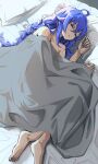  1girl ahoge barefoot bed bedroom blanket blue_hair braid closed_eyes commentary_request crossed_bangs feet from_above full_body hair_between_eyes hair_flaps highres indoors lying mushoku_tensei nude on_side parted_lips pillow roxy_migurdia seriro00112 sidelighting sidelocks sleeping solo twin_braids under_covers 
