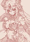  1girl alipheese_fateburn_xvi armored_skirt breast_tattoo breasts chest_jewel cleavage commentary_request earrings elbow_gloves eye_tattoo facial_mark flower gloves hair_flower hair_ornament hair_tattoo highres horns jewelry kawahara0527 lamia large_breasts long_hair looking_at_viewer mon-musu_quest! monster_girl pointy_ears scales shoulder_tattoo simple_background solo tattoo v-shaped_eyebrows 