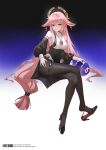  1girl absurdres alternate_costume animal_ears artist_name bare_shoulders black_background black_dress black_shoes black_sleeves black_thighhighs blue_background breasts commentary crossed_legs detached_sleeves dress earrings electro_slime_(genshin_impact) feet floppy_ears fox_ears fox_girl frills full_body genshin_impact gradient_background hair_between_eyes hair_ornament hand_on_own_thigh high_heels highres hitomi_(tongshou) invisible_chair jewelry large_breasts legs long_hair long_sleeves looking_at_viewer low-tied_long_hair necklace parted_lips pink_hair puffy_long_sleeves puffy_sleeves purple_eyes shoe_dangle shoes sideboob sidelocks sitting sleeveless sleeveless_turtleneck slime_(genshin_impact) smile solo teeth thigh_strap thighhighs thighs toe_cleavage toes turtleneck twitter_username two-tone_dress very_long_hair watermark web_address weibo_watermark white_background yae_miko 