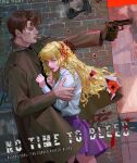  1boy 1girl absurdres blonde_hair blood blood_on_face brick_wall brown_coat brown_hair coat commentary english_commentary english_text glock gloves gun handgun highres holding holding_gun holding_weapon long_hair original single_glove skirt sweatdrop vijoux weapon 
