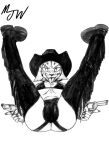 2024 absurd_res anthro boots bra breasts bulge chaps clothing cowboy_hat domestic_cat egyptian_mau eyebrow_piercing facial_piercing fangs felid feline felis footwear furrowed_eyebrows gun handgun hat headgear headwear hi_res holding_gun holding_object holding_ranged_weapon holding_weapon jockstrap legs_up long_ears long_nails male mammal mjw_darkmode monochrome piercing pupils ranged_weapon revolver shoes signature simple_background sketch slit_pupils small_pupils smile smiling_at_viewer solo teeth tongue tongue_out tongue_piercing traditional_media_(artwork) underwear weapon white_background