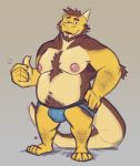  2019 anthro belly bulge clothing dragon humanoid_hands jockstrap male minedoo moobs nipples overweight overweight_male simple_background solo underwear yellow_body 