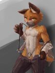 2021 3:4 4_fingers anthro balls barred_chastity_cage biped blush blush_lines bottomwear canid canine chastity_cage chastity_device clothed clothed_anthro clothed_male clothing digital_media_(artwork) fingers fox fur genitals hi_res lionraion lock looking_aside male male_anthro mammal metal_chastity_cage navel nipples open_bottomwear open_clothing open_pants padlock pants partially_clothed partially_clothed_anthro partially_clothed_male simple_background solo standing suspenders tail three-quarter_view wearing_chastity_cage wearing_chastity_device
