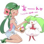  1girl blush bowl closed_eyes commentary_request dark-skinned_female dark_skin feeding green_hair green_shoes holding holding_bowl mallow_(pokemon) open_mouth pokemon pokemon_(creature) pokemon_sun_and_moon seiza shoes sitting smile steenee translation_request twintails user_agze8484 