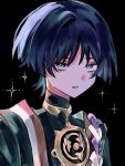  1boy bag black_background black_hair black_kimono blunt_ends bright_pupils choppy_bangs commentary_request genshin_impact gold hair_intakes highres hika_skr japanese_clothes jewelry juban kimono looking_at_viewer male_focus mandarin_collar mitsudomoe_(shape) neck_ring open_mouth portrait purple_eyes purple_rope red_kimono rope scaramouche_(genshin_impact) shimenawa solo tomoe_(symbol) tsurime white_kimono white_pupils white_rope 