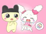  &lt;3 blush blush_stickers bodily_fluids clothed clothing crying dress egg female hat headgear headwear lovelitchi mametchi no_underwear open_mouth pictographics pink_background pregnant simple_background speech_bubble tamagotchi tears みかんづめ 