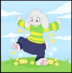 3_toes 4_fingers absurd_res ambiguous_gender anthro asriel_dreemurr barefoot black_border blue_bottomwear blue_clothing blue_jeans blue_pants blush blush_lines bodily_fluids border bottomwear bovid caprine claws clean_diaper clothed clothing cloud denim denim_bottomwear denim_clothing diaper diaper_puff diaper_under_clothing feet finger_claws fingers flesh_fang floppy_ears flower flying_sweatdrops full-length_portrait fur goat grass hi_res jeans jupiters male male_(lore) mammal monster multicolored_clothing multicolored_sweater multicolored_topwear outside outstretched_arms pants pattern_clothing pattern_sweater pattern_topwear pawpads pink_pawpads plant portrait sky solo striped_clothing striped_sweater striped_topwear stripes sweat sweatdrop sweater tail three-quarter_view toes topwear two_tone_clothing two_tone_sweater two_tone_topwear undertale undertale_(series) walking wearing_diaper white_body white_claws white_ears white_finger_claws white_fur white_tail wobbling yellow_flower