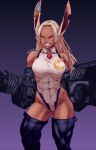  1girl absurdres animal_ears artist_name bare_shoulders boku_no_hero_academia breasts collared_leotard colorized covered_abs covered_navel crescent_print dark-skinned_female dark_skin earrings feet_out_of_frame grin highleg highleg_leotard highres horikoshi_kouhei jewelry large_breasts leotard long_eyelashes long_hair looking_to_the_side mechanical_arms mechanical_ears medium_breasts mirko muscular muscular_female notched_ear parted_bangs purple_background purple_thighhighs rabbit_ears rabbit_girl red_eyes s2matt scar scar_on_face scar_on_leg smile solo teeth thick_thighs thighhighs thighs toned toned_female white_hair white_leotard 