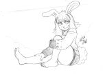 2024 absurd_res anthro bangs black_nail_polish black_nails bnuyu_(lornalla) bottomless clothed clothing colored_nails eyebrow_through_hair eyebrows feet female fluffy fluffy_tail hair hand_on_leg hi_res lagomorph leporid long_ears long_hair looking_sideways mammal mjw_darkmode monochrome nails pinup pose rabbit scut_tail short_tail simple_background sketch smile smirk soles solo sweater sweater_only tail thick_thighs topwear topwear_only traditional_media_(artwork) translucent translucent_hair
