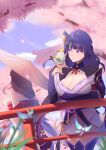  2girls absurdres armor back_bow bird blue_sky blurry blurry_background bow breasts bridal_gauntlets cherry_blossoms cleavage commentary crystalfly_(genshin_impact) day depth_of_field from_behind genshin_impact hair_ornament head_tilt highres japanese_clothes kimono large_breasts makoto_(genshin_impact) mitsudomoe_(shape) multiple_girls neck_ribbon off_shoulder outdoors purple_eyes purple_hair purple_kimono raiden_shogun red_ribbon red_sash ribbon sash shade shoulder_armor siblings sisters sky thighhighs tinyen_wang tomoe_(symbol) tree twins upper_body 