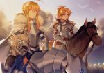 2girls absurdres ahoge armor armored_animal armored_dress artoria_pendragon_(all) bangs blonde_hair blue_dress blue_sky blurry blurry_foreground braid cape closed_mouth cloud cloudy_sky commentary_request depth_of_field dress eyebrows_visible_through_hair fate/apocrypha fate/stay_night fate_(series) fur-trimmed_cape fur_trim gauntlets green_eyes hair_between_eyes headwear_removed helm helmet helmet_removed high_ponytail highres horseback_riding long_hair mordred_(fate) mordred_(fate)_(all) mother_and_daughter multiple_girls outdoors parted_bangs ponytail red_dress riding saber sidelocks sky smile sunset v-shaped_eyebrows white_cape yorukun 