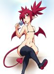  1girl bat_wings bikini_top black_legwear boots crossed_legs demon_girl demon_tail demon_wings disgaea earrings elbow_gloves etna flat_chest food gloves highres jadf jewelry long_hair looking_at_viewer makai_senki_disgaea mini_wings navel pointy_ears popsicle prinny pussy_juice red_hair red_wings shiny shiny_hair shiny_skin sitting skull skull_earrings solo tail thigh_boots thighhighs thighs wide_hips wings 