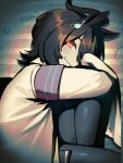 agnes_tachyon_(tach-nology)_(umamusume) agnes_tachyon_(umamusume) ahoge animal_ears armband arms_on_knees black_pantyhose black_shirt blush brown_hair chemical_structure closed_mouth coat commentary crossed_arms feet_out_of_frame fine_fabric_emphasis from_side hair_ornament hair_over_one_eye hairclip hand_up hexagon_hair_ornament highres horse_ears horse_girl hugging_own_leg knee_up lab_coat layered_clothes long_sleeves looking_at_viewer math pantyhose rectangular_mouth red_armband red_eyes shirt short_hair sidelighting sitting sleeves_past_fingers sleeves_past_wrists smile striped_armband striped_background striped_clothes text_background tilted_headwear umamusume warm_colors white_coat white_trim wolf_cut zambiie 